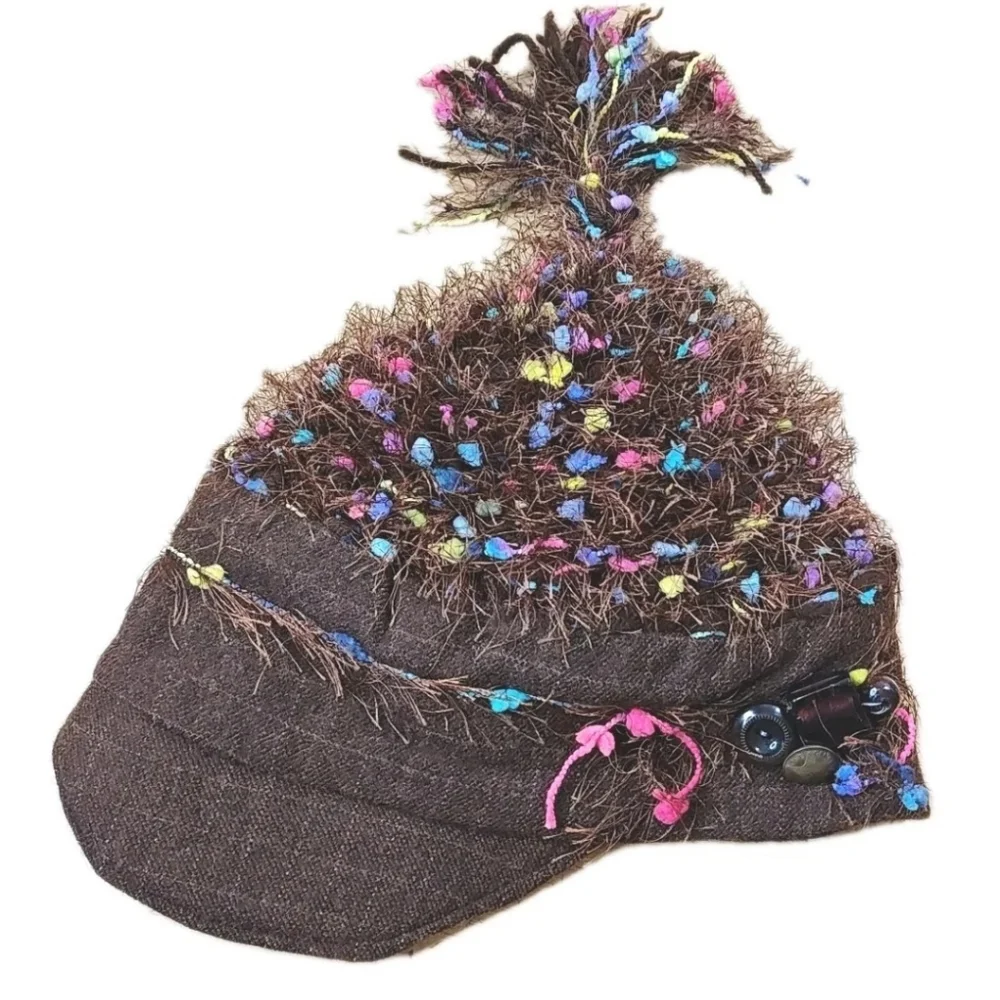 Sue Gallion Y2k Fairy Artsy Boho Brown Frilly Rainbow Confetti Beanie Hat Cap